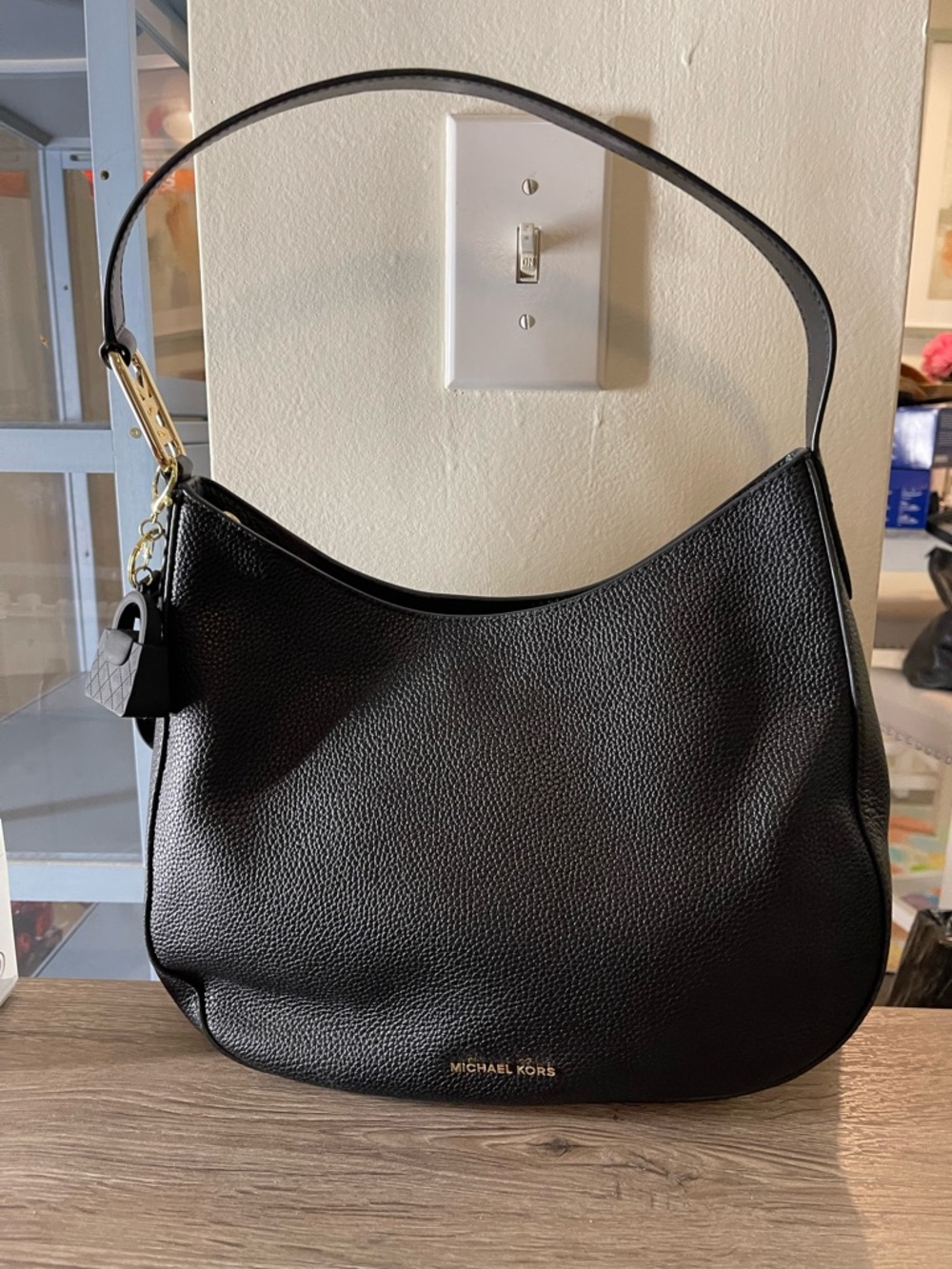 Michael Kors Black Pebbled Leather Shoulder Hobo with Gold Hardware